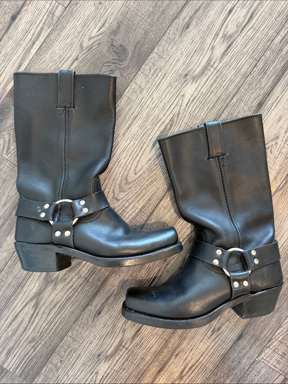Frye Black Leather Harness Mid-Calf Boots with Silver Hardware
